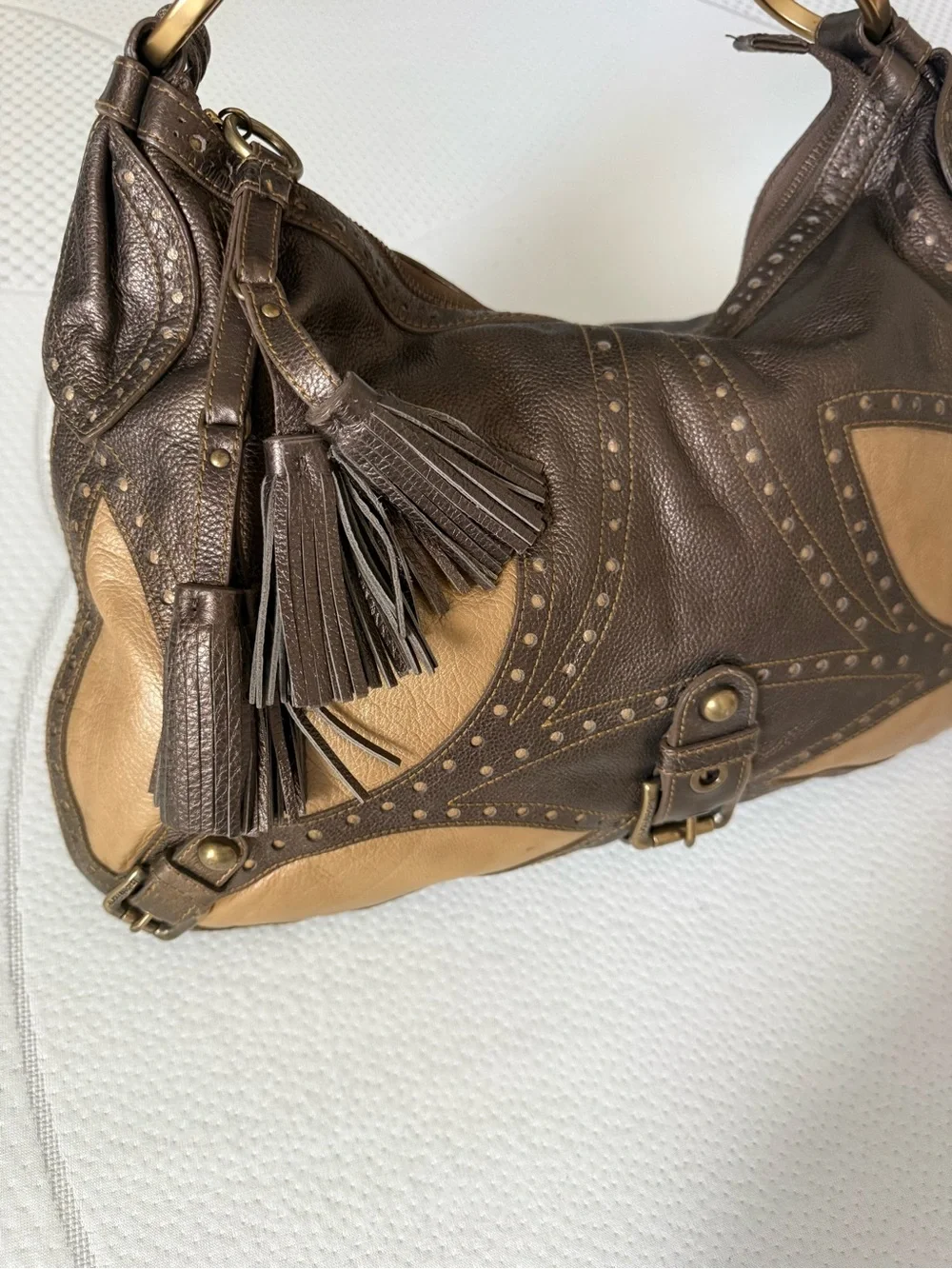 Isabella Fiore Metallic Taupe and Champagne Leather Hobo
